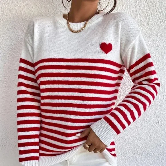Preppy Womens Heart & Stripe Print Sweater Red And White - Picture 5 of 5